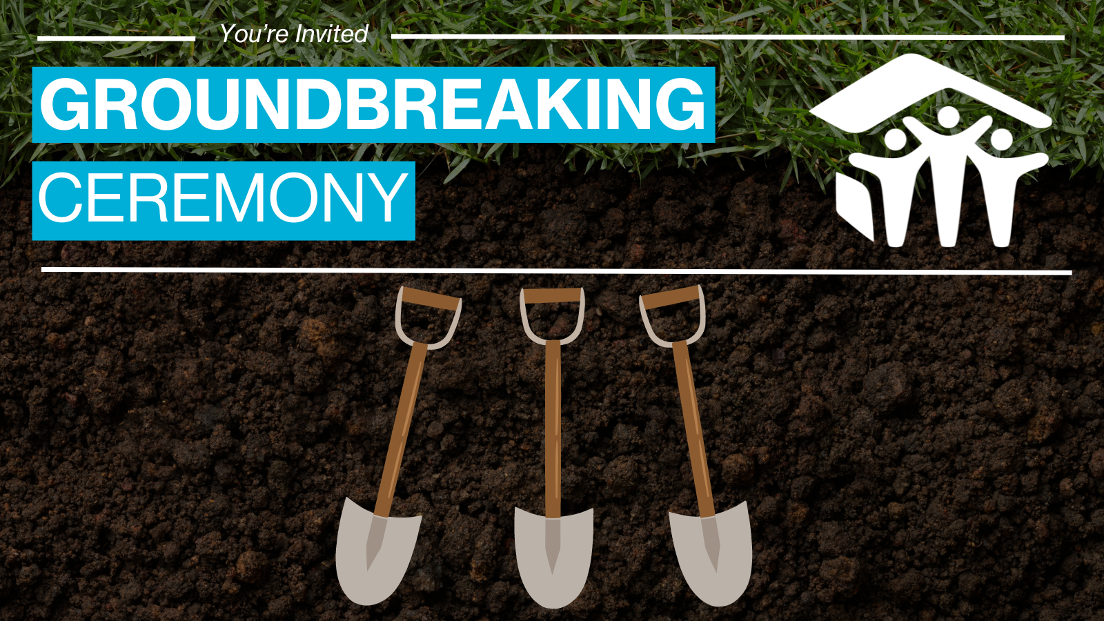 Ground Breaking Ceremony Invitation with three shovels symbolizing three families selected to build new affordable homes in La Conner.